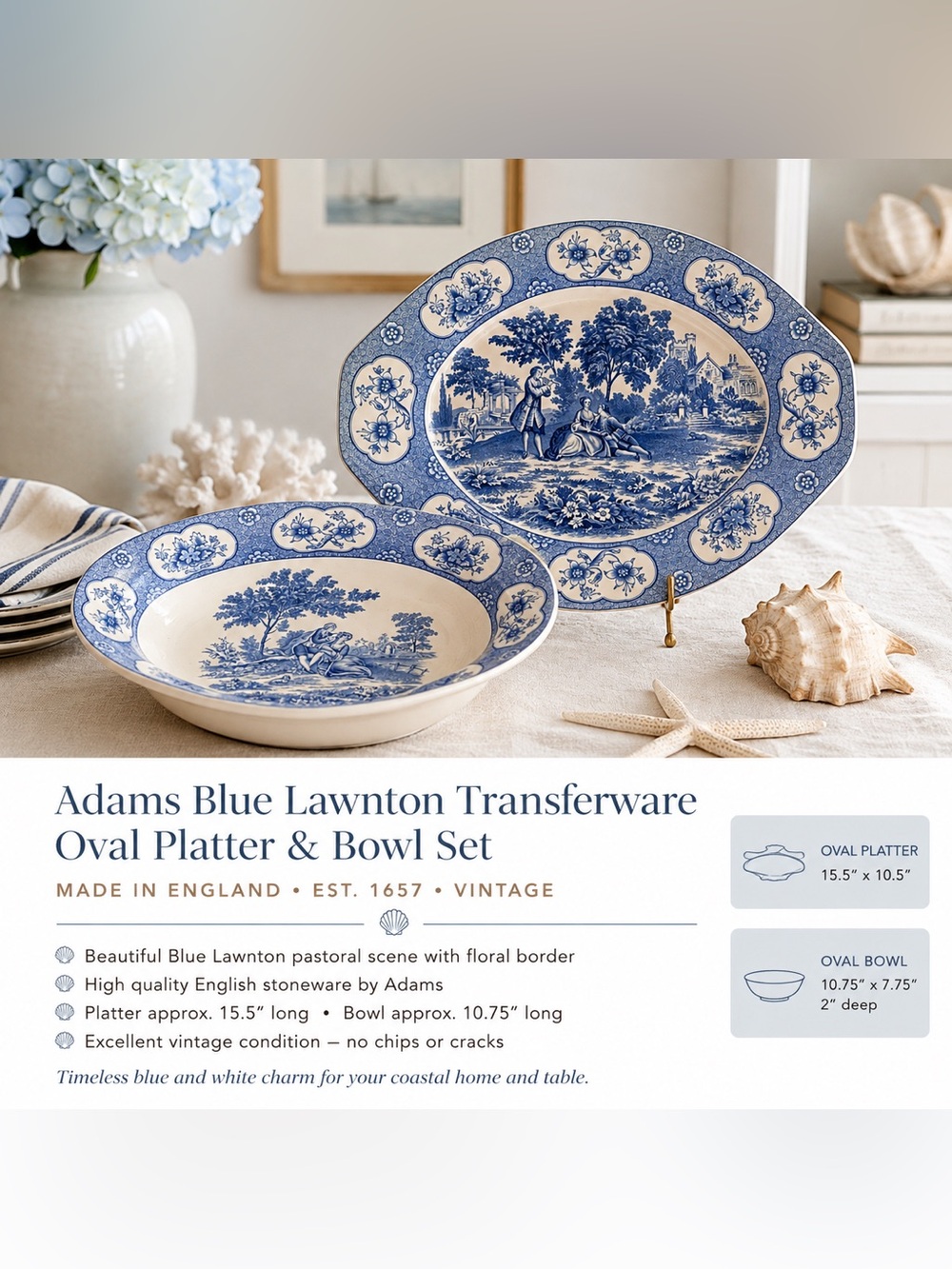 Adams Blue Lawnton Transferware Platter and Serving Bowl Set